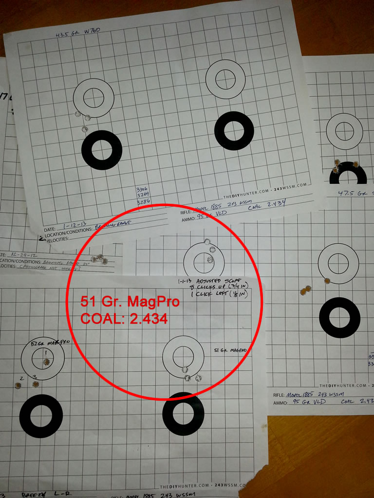 95 gr. Berger VLD Hunting Bullet 243 WSSM three shot groups.